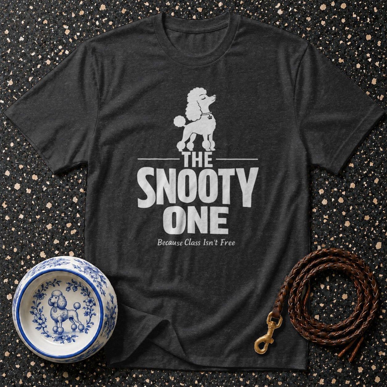 Dark gray t-shirt with white poodle graphic and text: "The Snooty One".