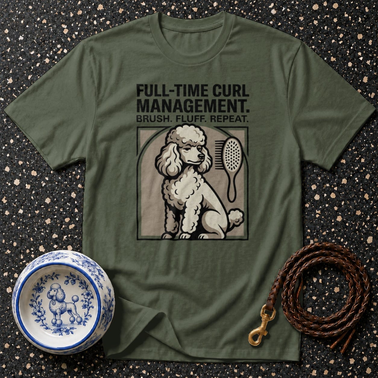 Green t-shirt with poodle grooming art and text "FULL-TIME CURL MANAGEMENT."