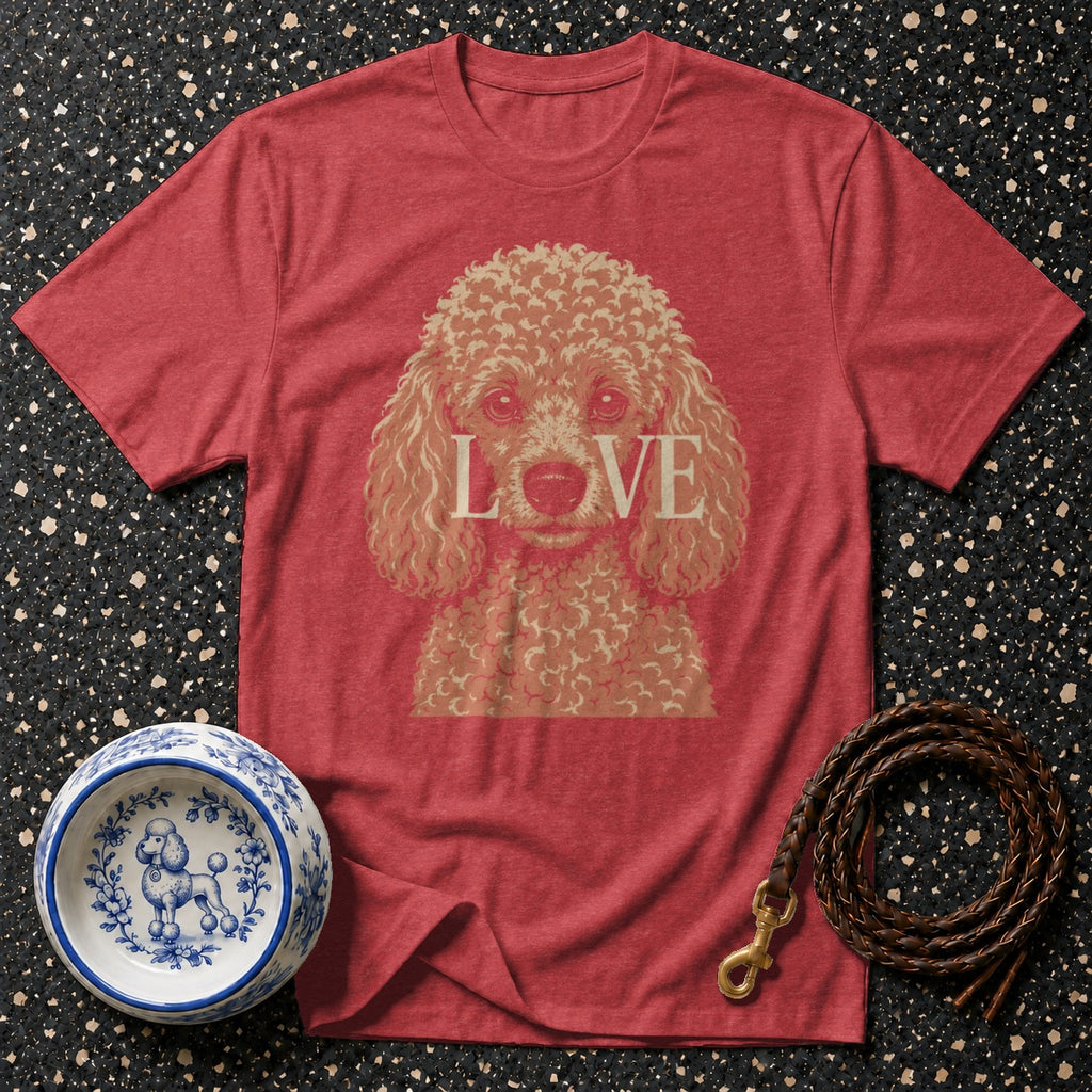 Red t-shirt with poodle graphic and "LOVE" text.