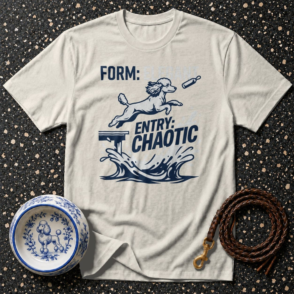 T-shirt with text "FORM: ELEPHANT ENTRY: CHAOTIC" and a poodle jumping into water.