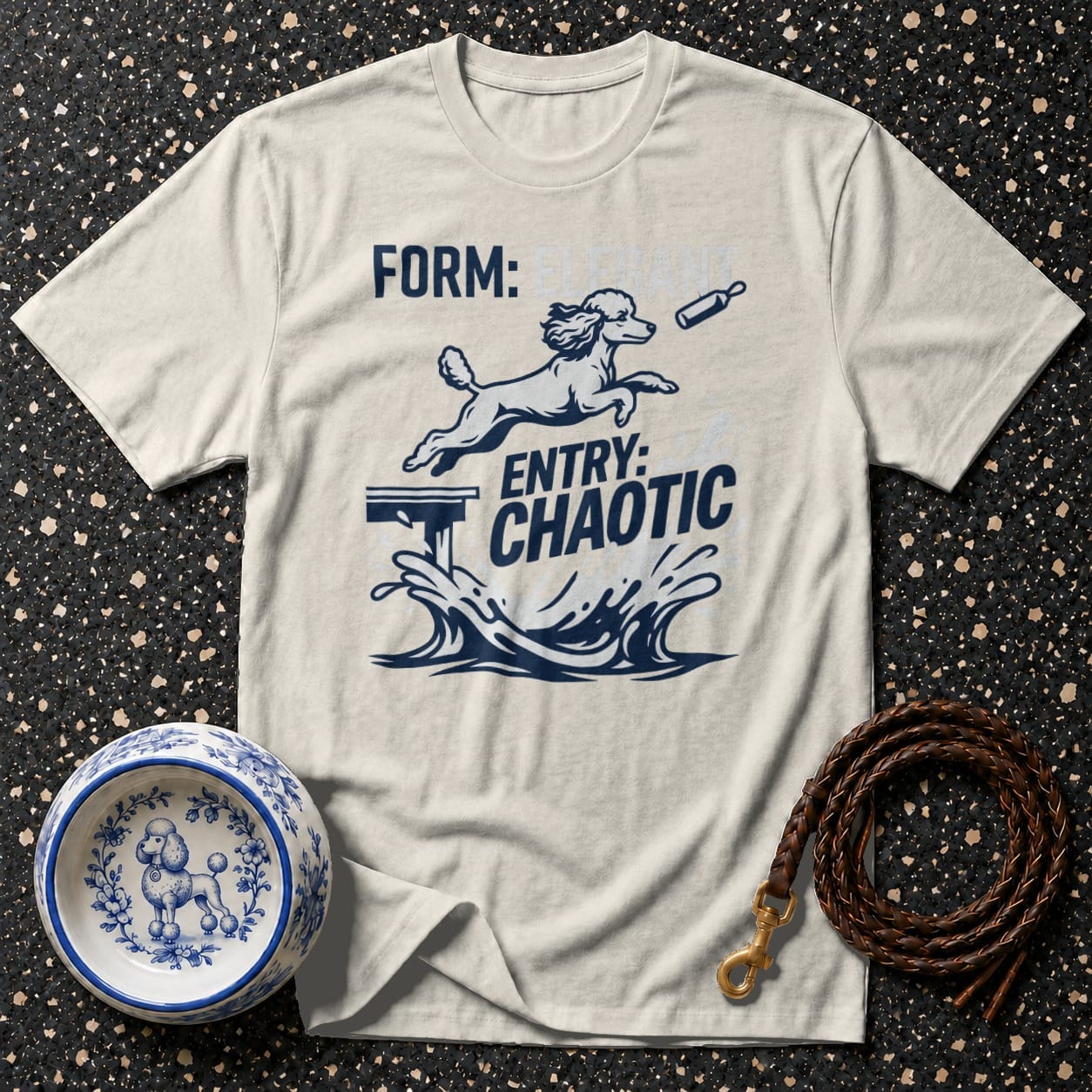 T-shirt with text "FORM: ELEPHANT ENTRY: CHAOTIC" and a poodle jumping into water.