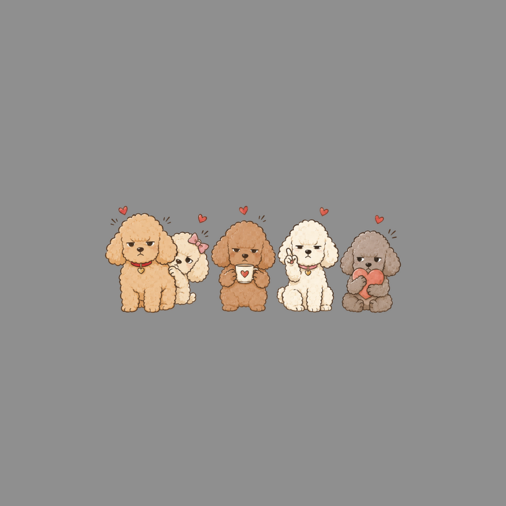 Five cartoon poodles in different colors sit in a row, holding a coffee cup and heart.