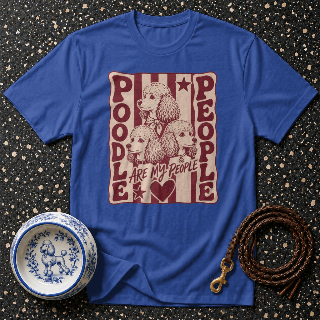 Blue t-shirt with retro graphic of poodles and "Poodle Are My People" text.