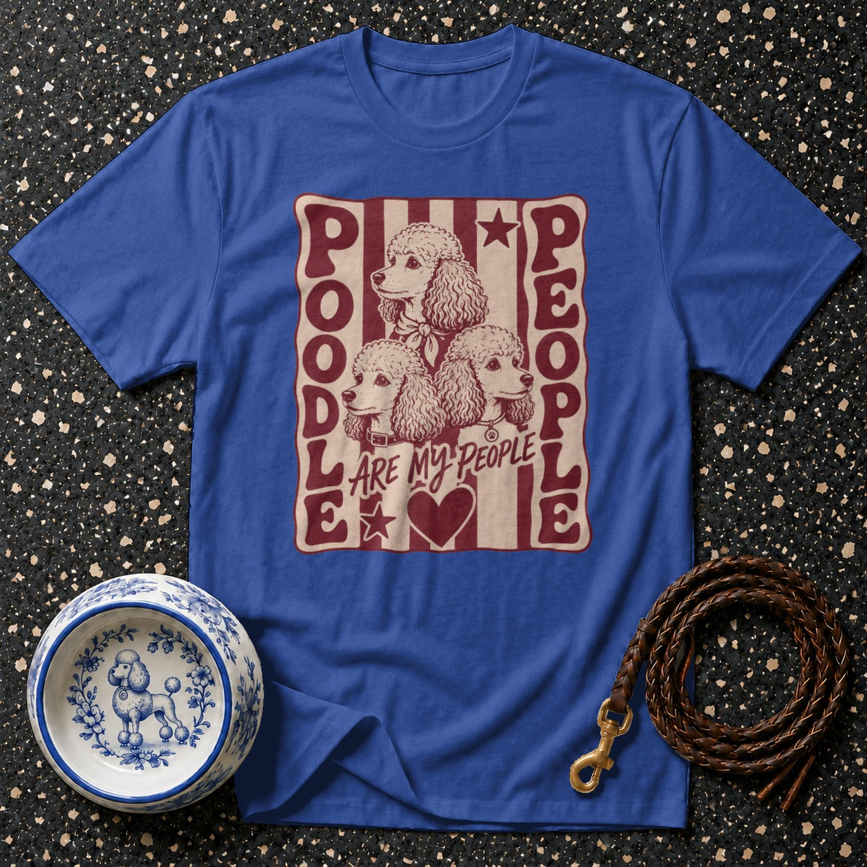 Blue t-shirt with retro graphic of poodles and "Poodle Are My People" text.