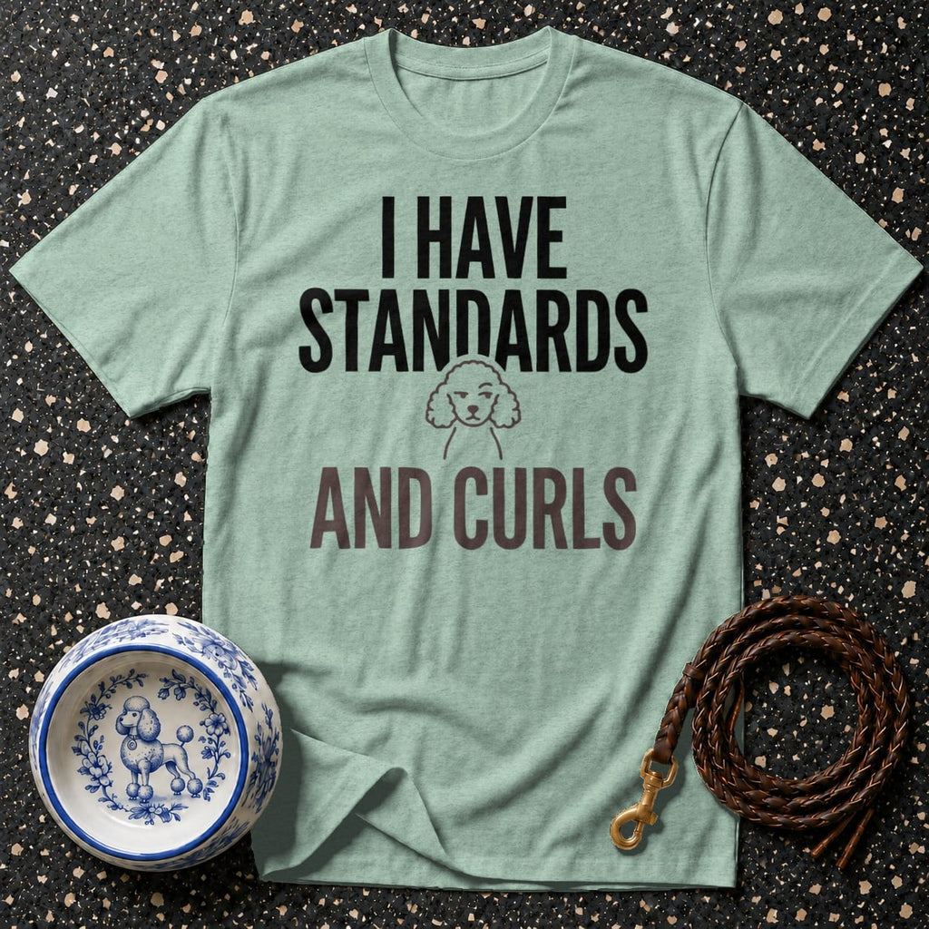 Light aqua t-shirt with graphic text "I HAVE STANDARDS AND CURLS" and poodle illustration.