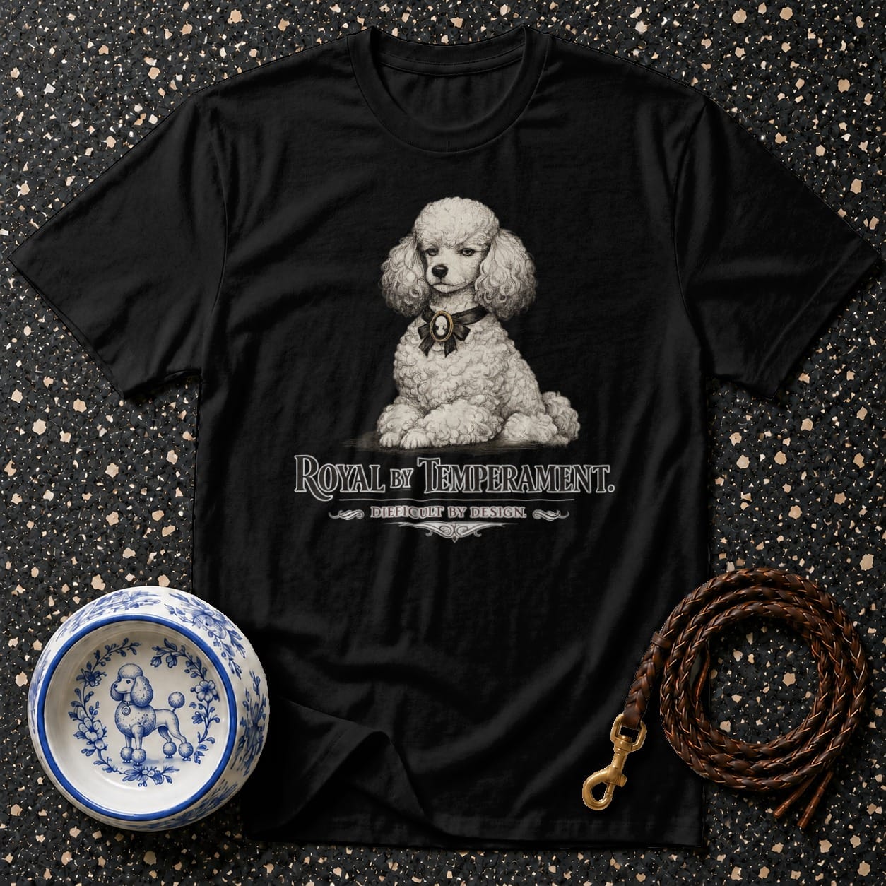 Black t-shirt with white poodle graphic and text.