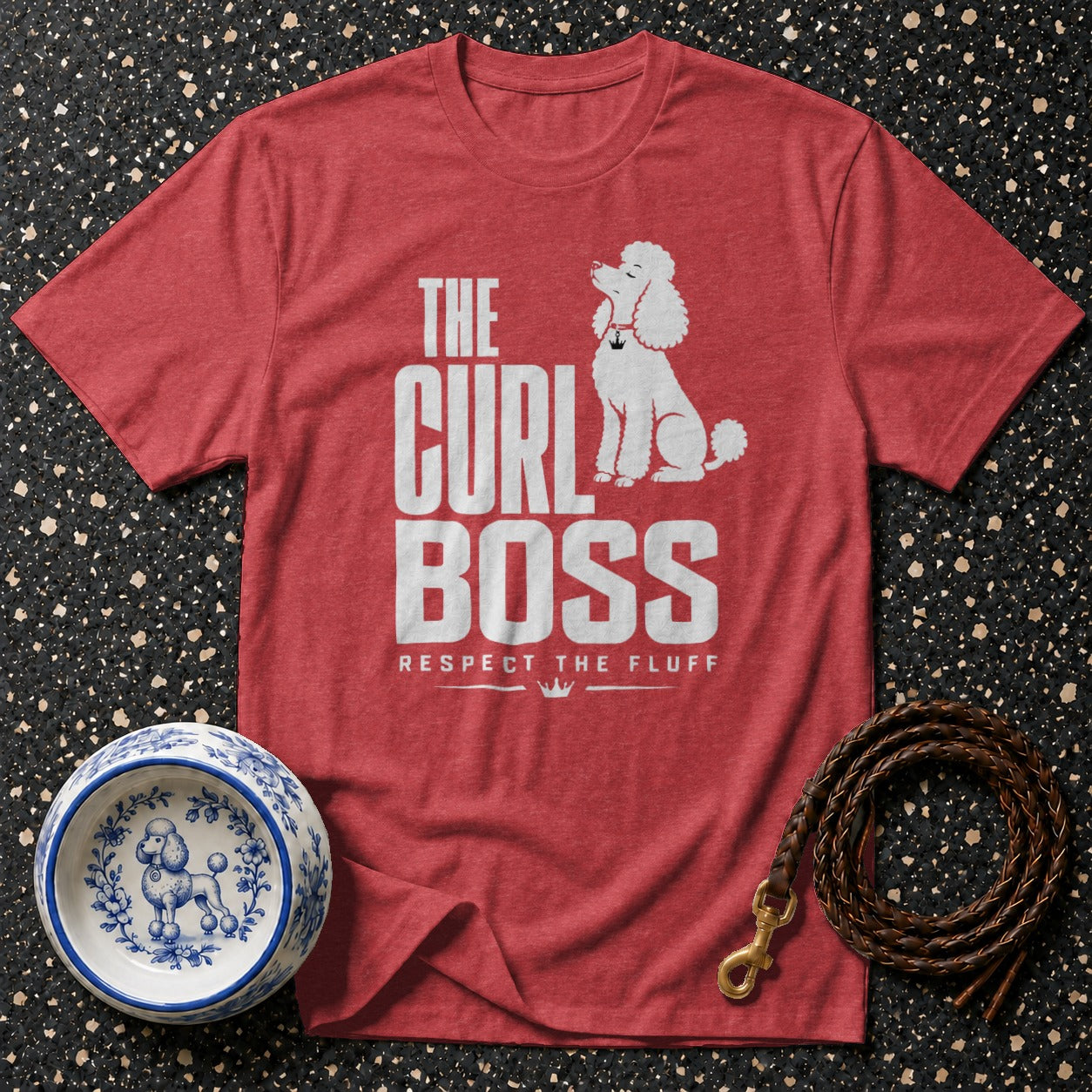 Red t-shirt with "The Curl Boss Respect the Fluff" text and poodle graphic.