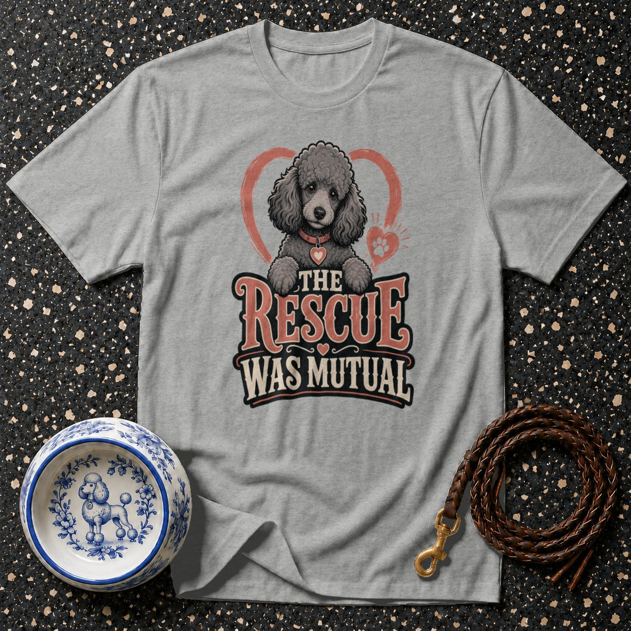 Grey t-shirt with a poodle graphic that reads "The Rescue Was Mutual".