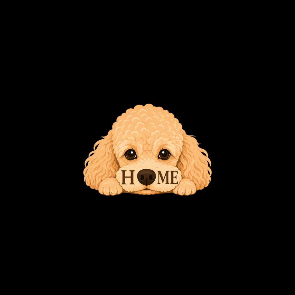 Fluffy dog with "HOME" spelled out on its muzzle against a black background.