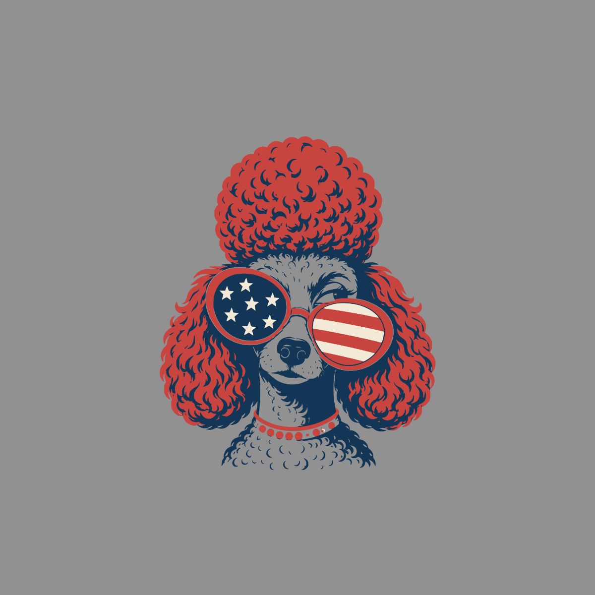 Poodle wearing patriotic sunglasses and a stylized afro hairstyle.