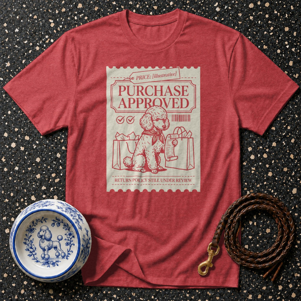 Red t-shirt with a "Purchase Approved" stamp graphic featuring a poodle.