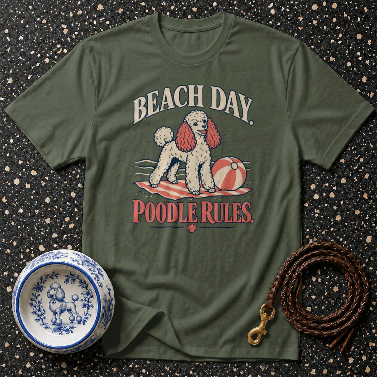 Green t-shirt with a poodle, beach ball, and text "Beach Day. Poodle Rules."