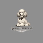 Poodle wearing a cameo brooch on a black ribbon, with text "ROYAL BY TEMPERAMENT."