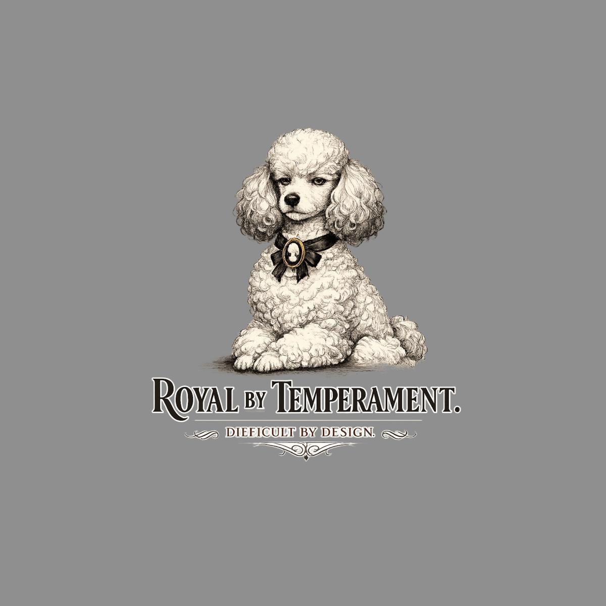 Poodle wearing a cameo brooch on a black ribbon, with text "ROYAL BY TEMPERAMENT."