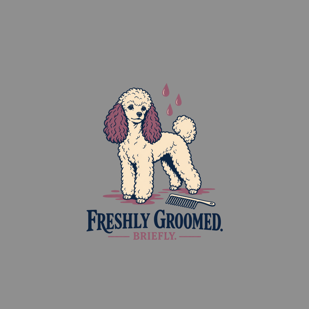 Cream poodle with purple ears, red drops, and comb, text "FRESHLY GROOMED. BRIEFLY."