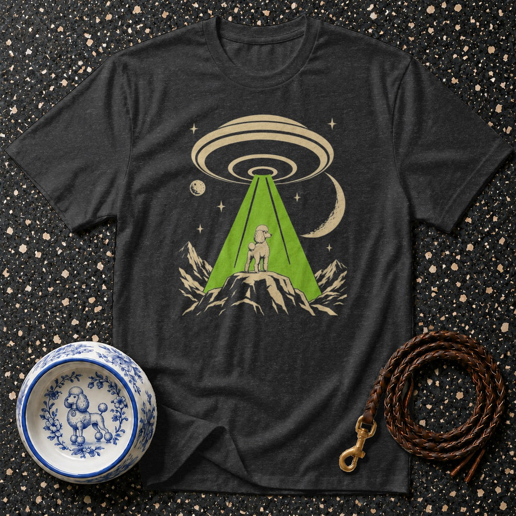 Dark grey t-shirt with graphic of poodle being beamed up by a UFO.