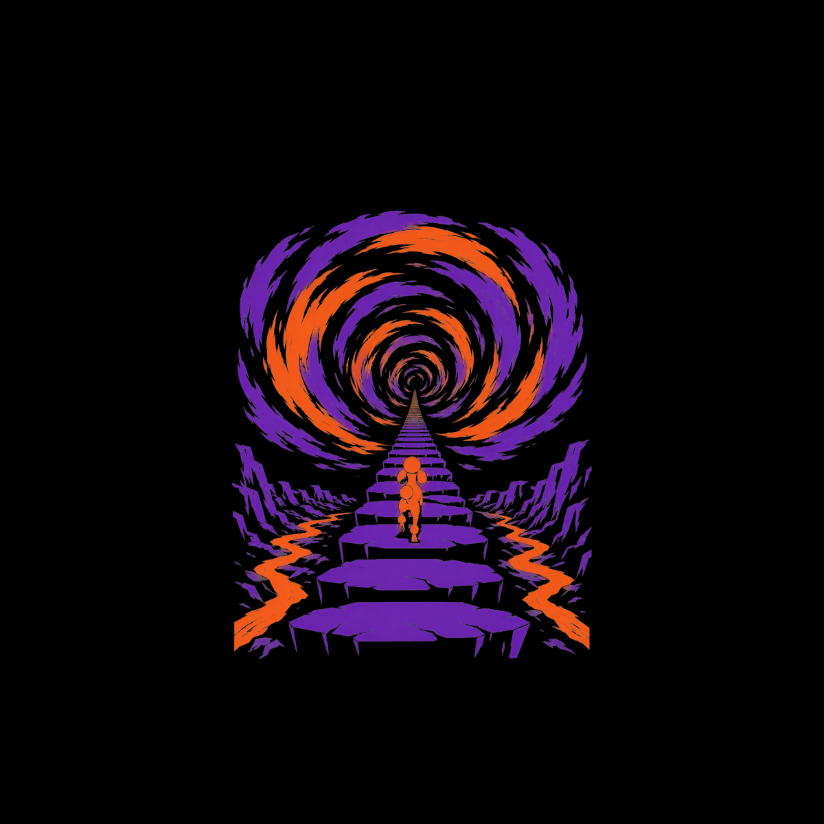 Figure runs up purple stairs toward a swirling orange and purple vortex.