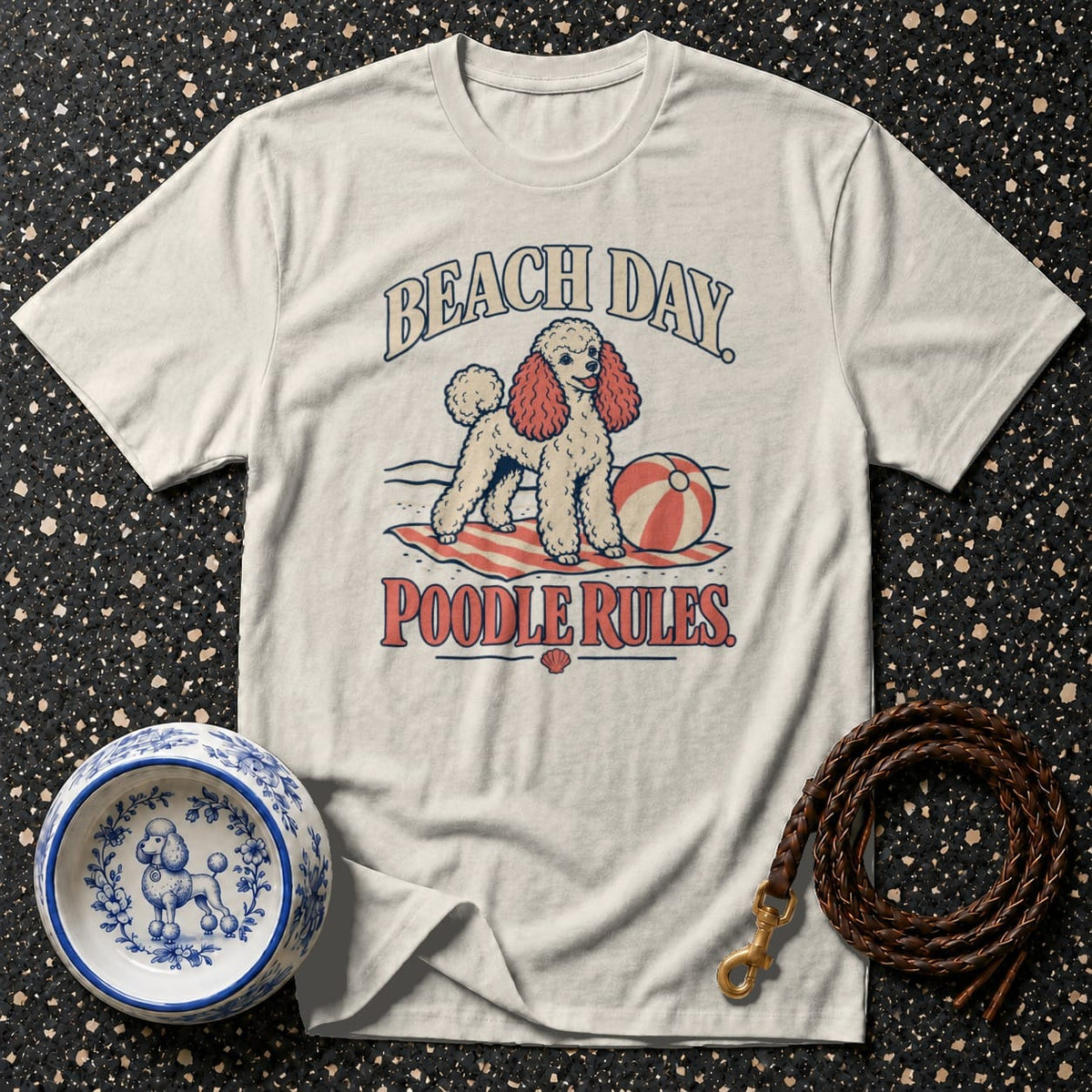 T-shirt with a poodle graphic, text "BEACH DAY POODLE RULES".