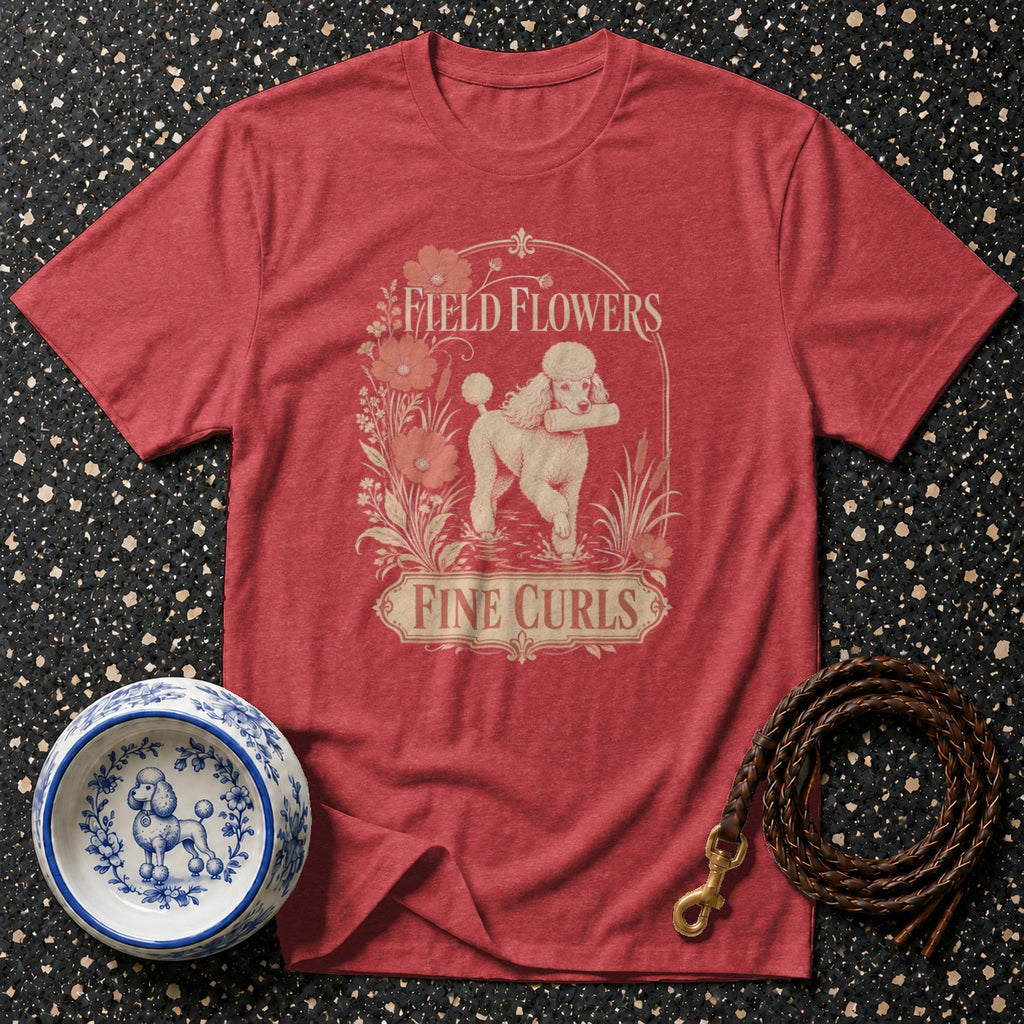Red t-shirt with a graphic of a poodle and text "Field Flowers Fine Curls".