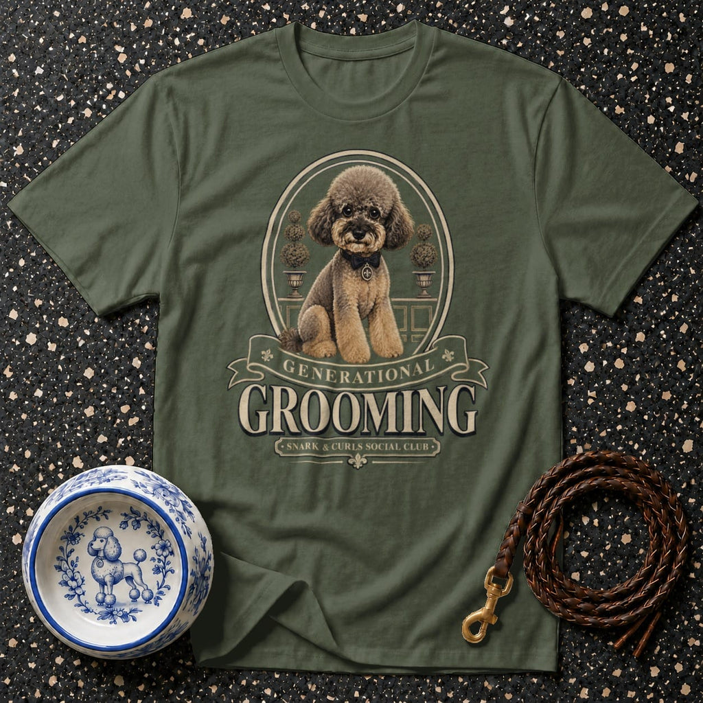 Green t-shirt with "Generational Grooming" text and a poodle illustration.