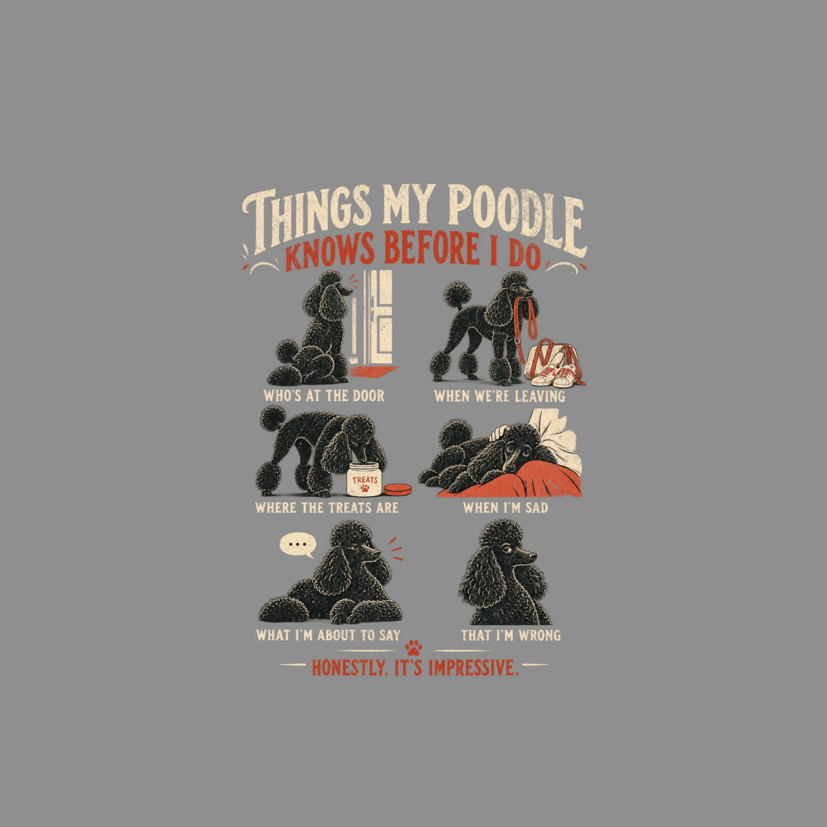 Poodle humor: knowing things before I do, treats, leaving, sadness, and being wrong.