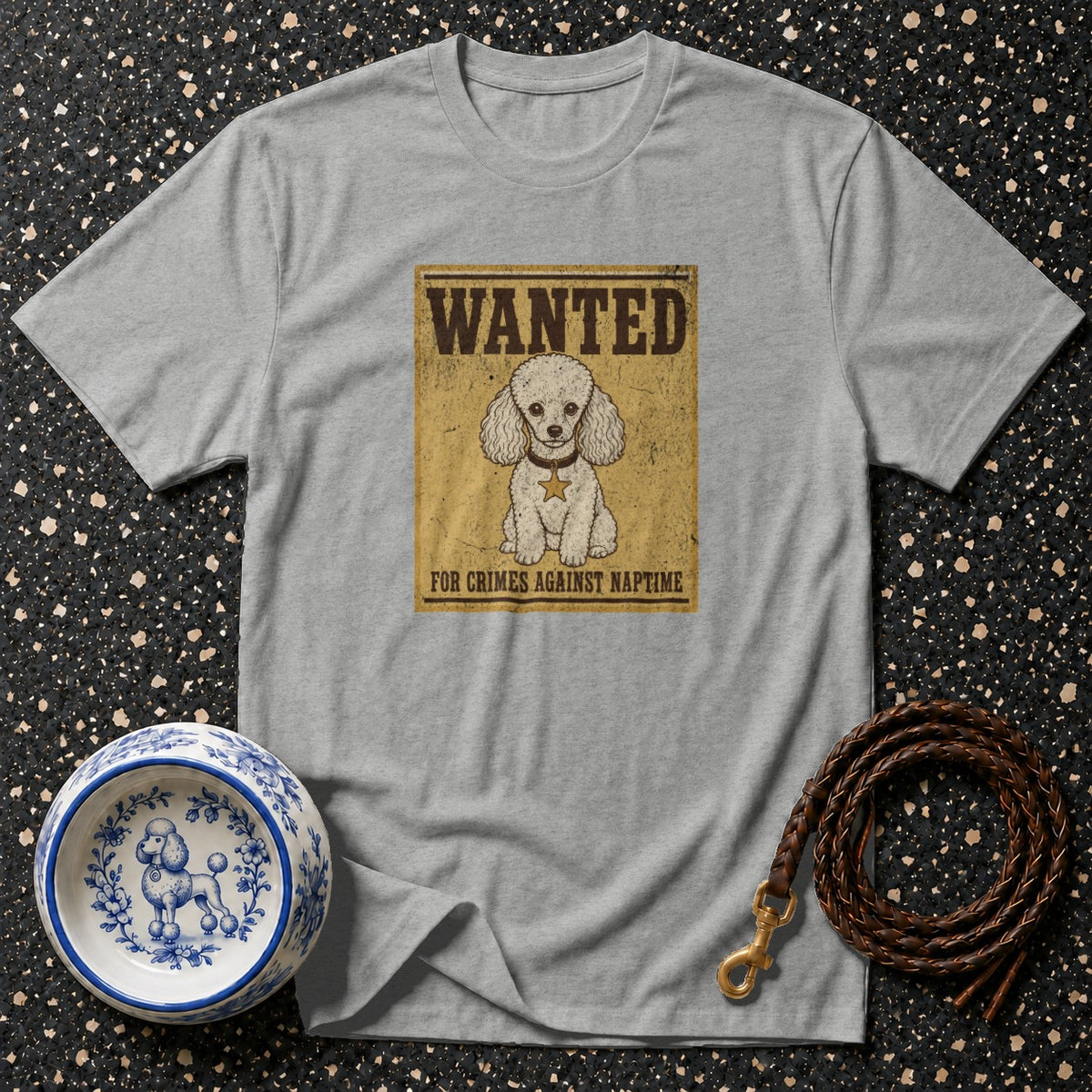 Gray t-shirt with a "Wanted" poster graphic of a poodle.
