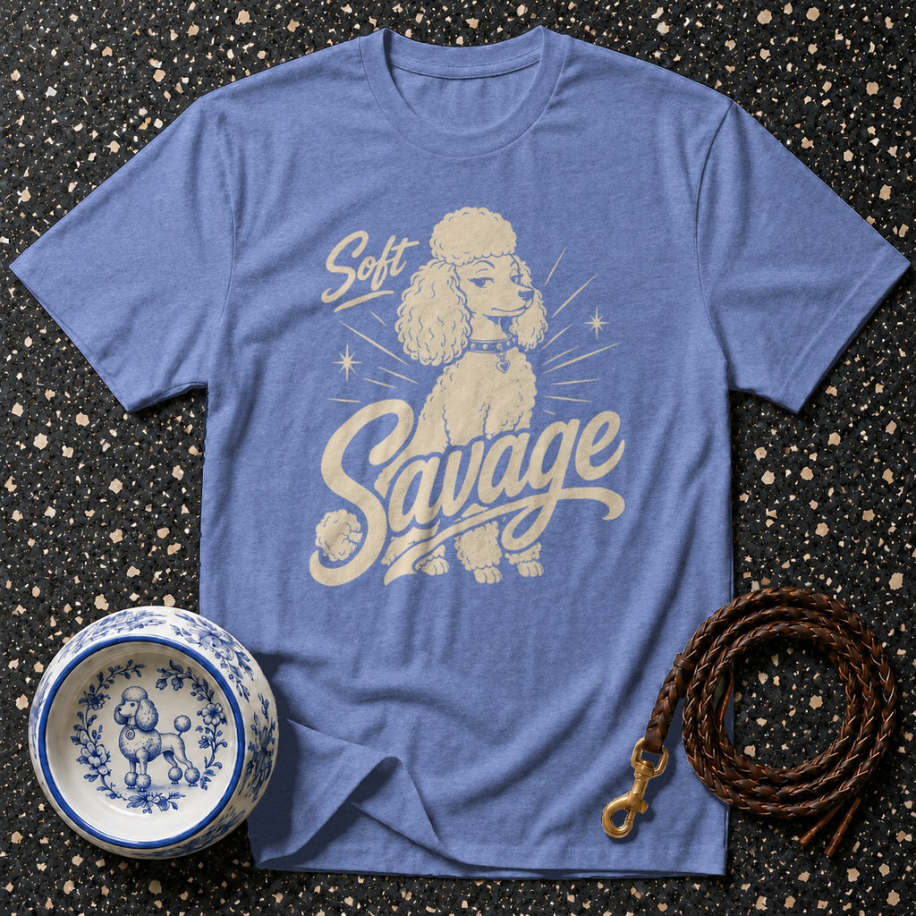 Blue t-shirt with a poodle graphic and text "Soft Savage".