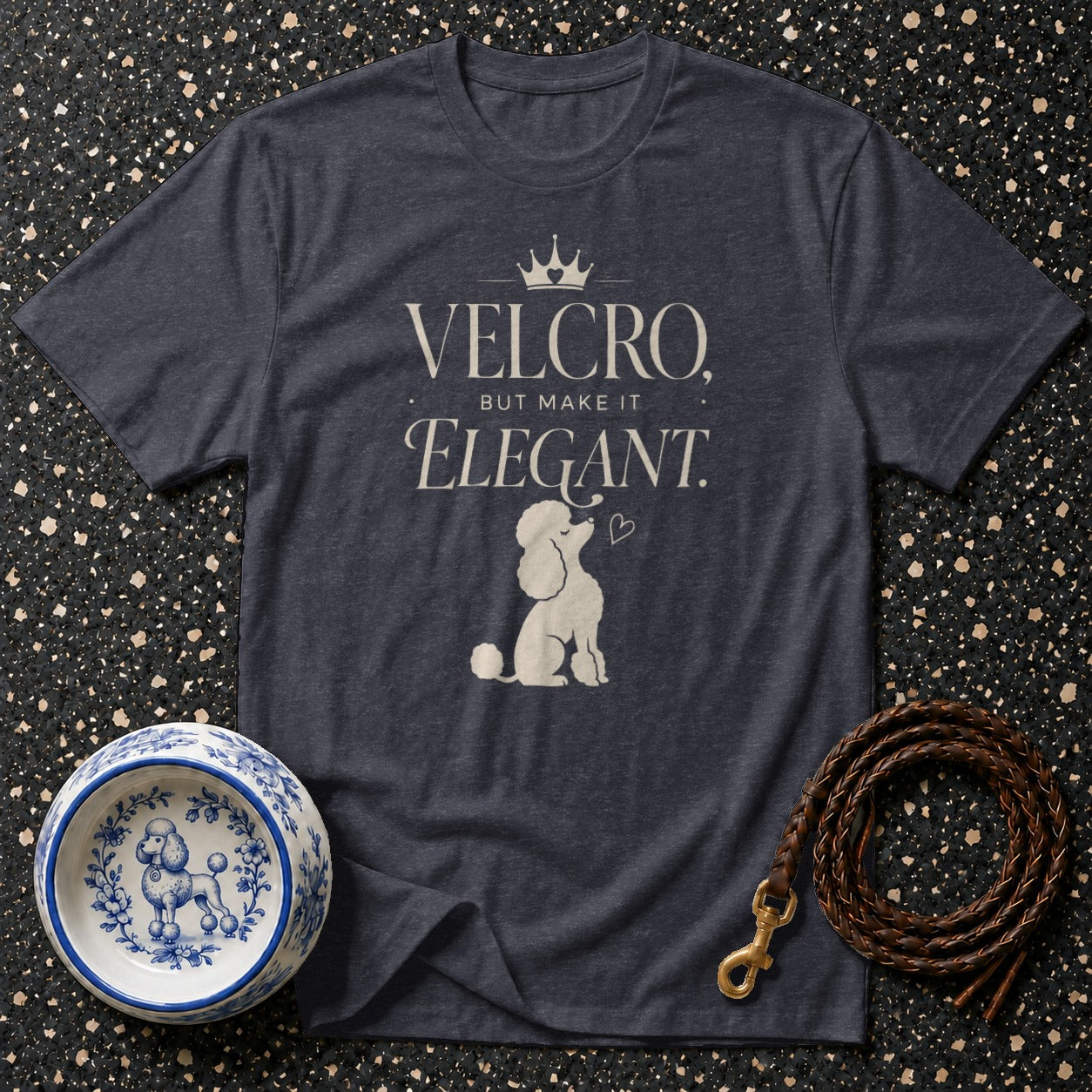 Dark grey t-shirt with "Velcro, But Make It Elegant" and poodle design.