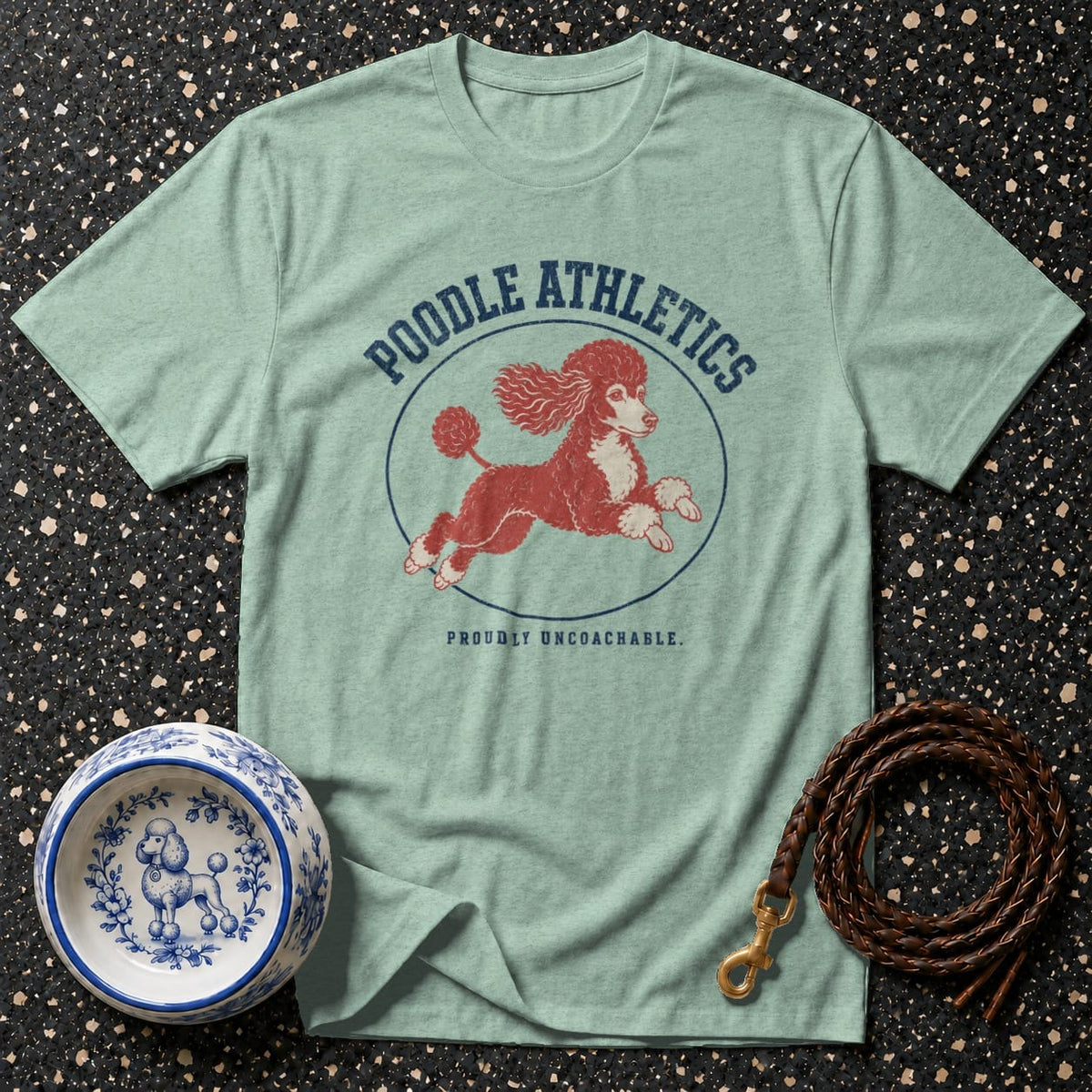 Light green t-shirt with "Poodle Athletics" and a red poodle graphic.