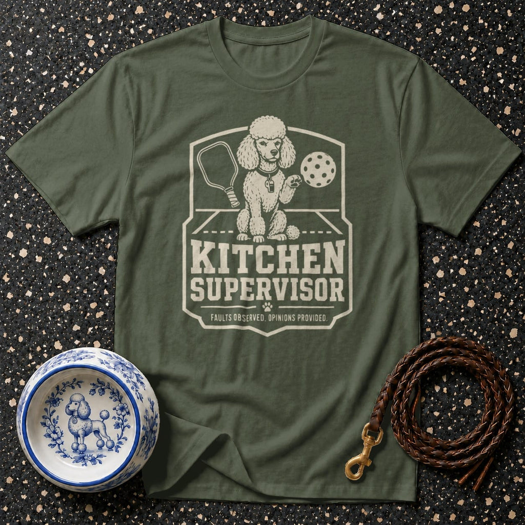 Green t-shirt with "KITCHEN SUPERVISOR" text and poodle graphic.