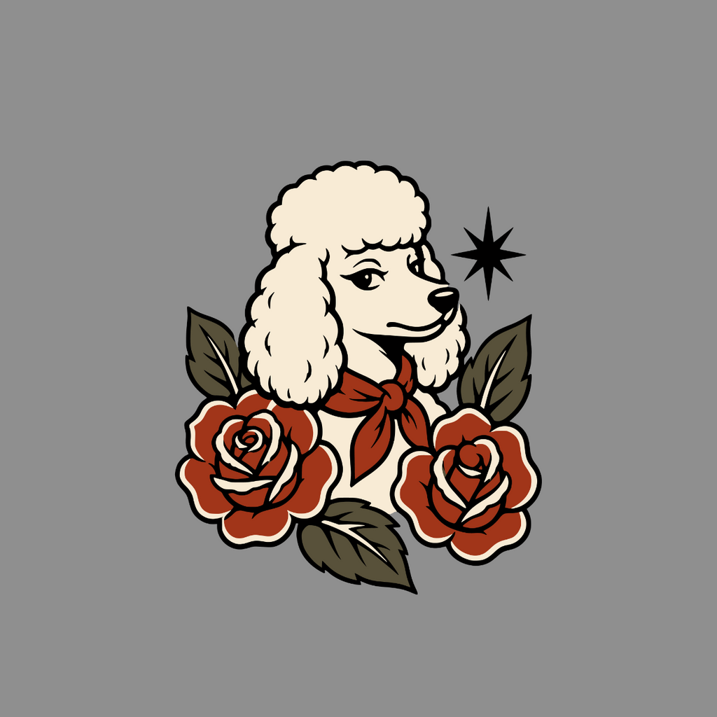 Cream poodle with red scarf and roses, stylized tattoo art.