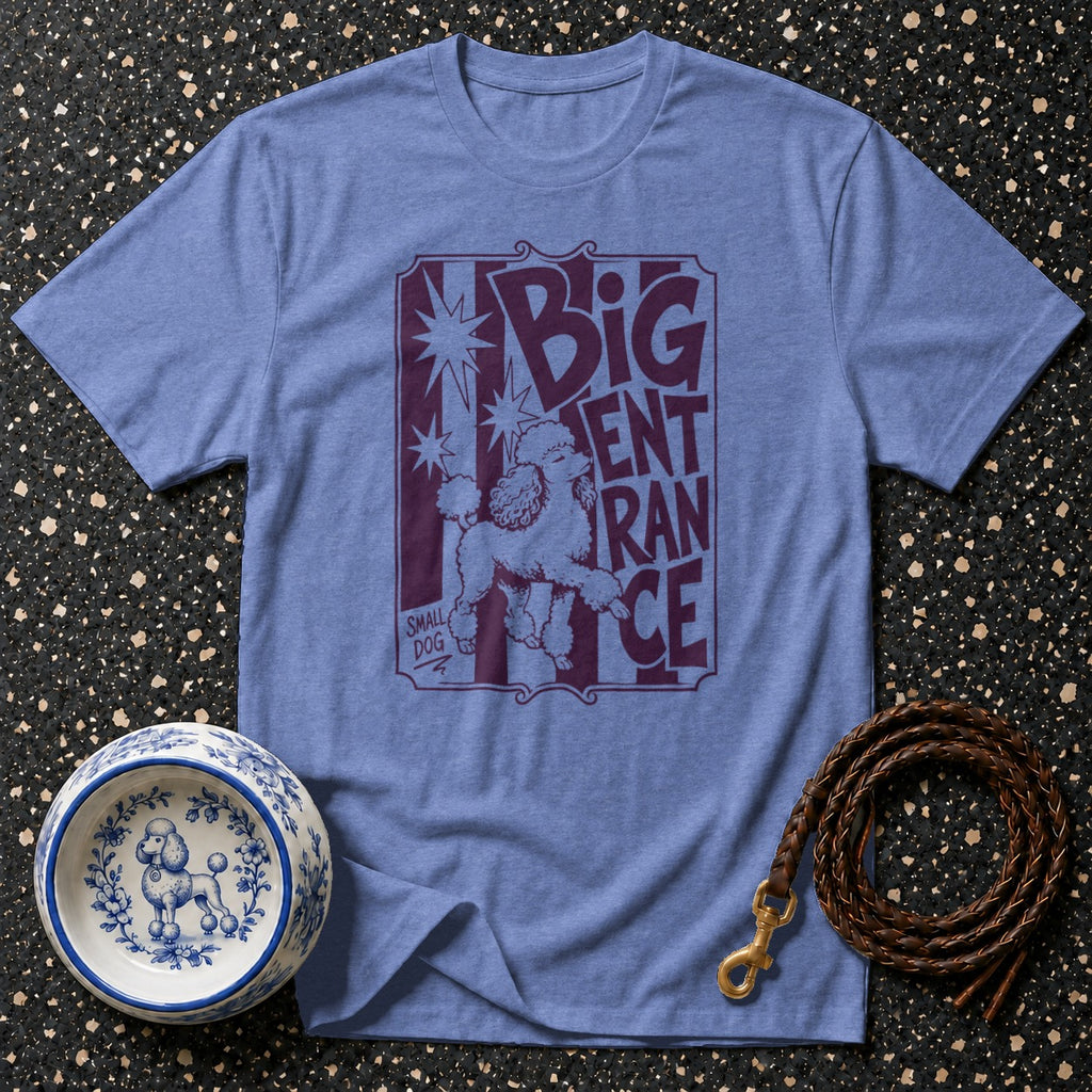 Blue t-shirt with a poodle graphic and the text "BIG ENTRANCE SMALL DOG".
