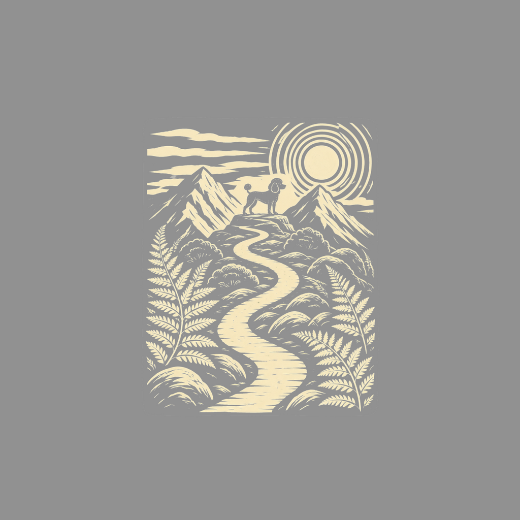 Poodle stands on mountain peak beside winding path under sun and clouds.