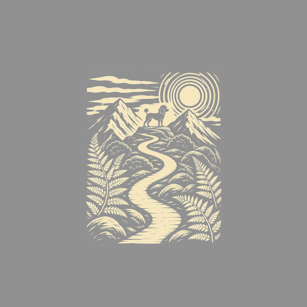 Poodle stands on mountain peak beside winding path under sun and clouds.
