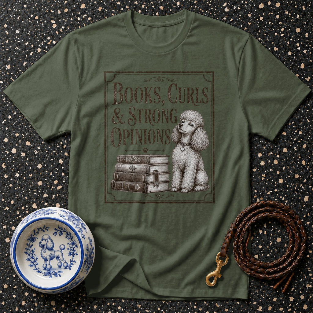Olive green t-shirt with poodle, books, and text "Books, Curls & Strong Opinions."