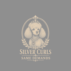 Poodle with crown and pearls in oval frame, text "Silver Curls Same Demands".