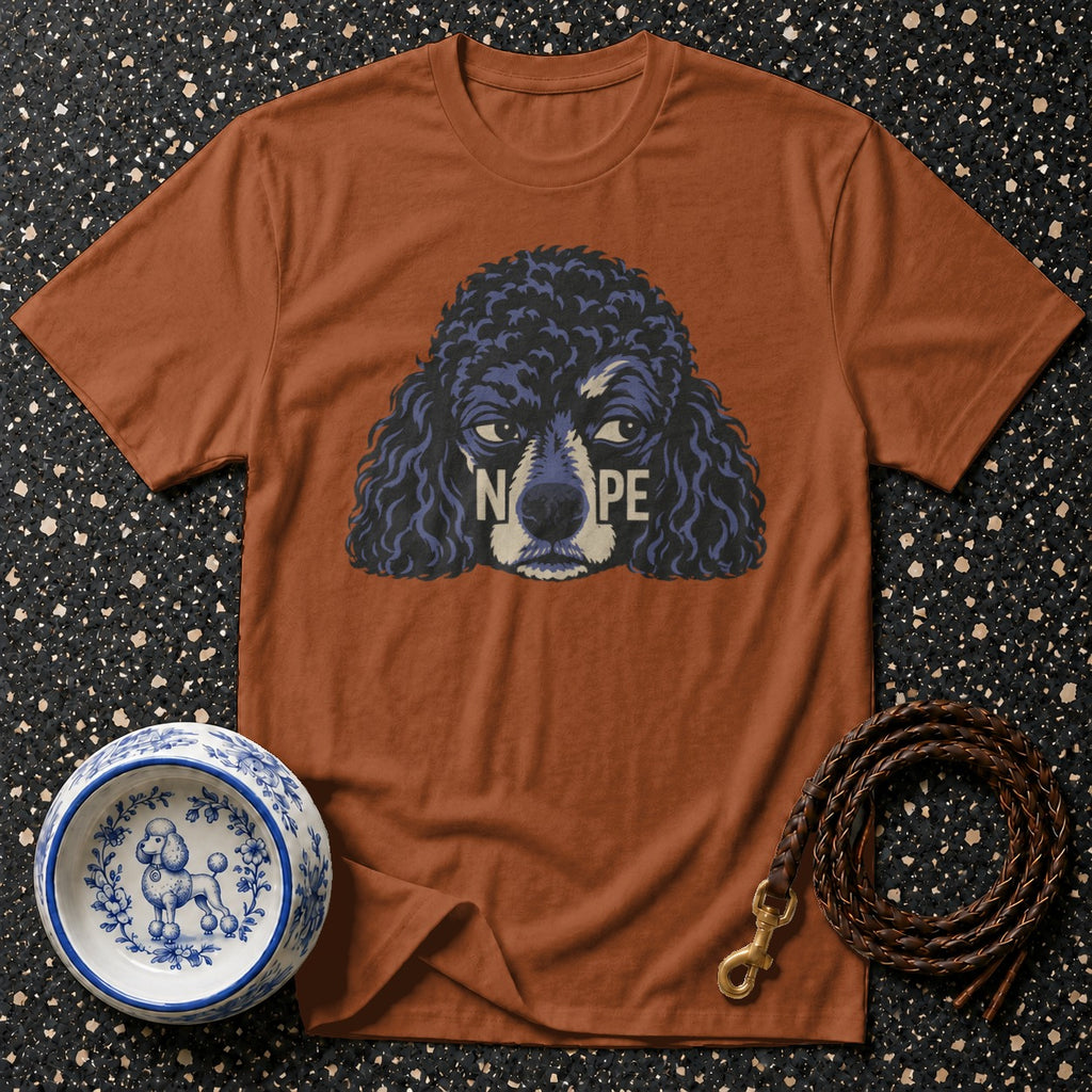 Brown t-shirt with a stylized poodle graphic that says "NOPE".