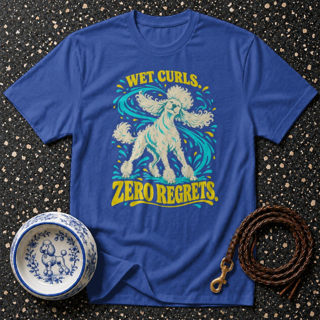 Blue t-shirt with poodle graphic and text "Wet Curls. Zero Regrets."