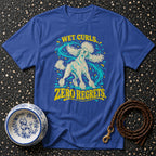 Blue t-shirt with poodle graphic and text "Wet Curls. Zero Regrets."
