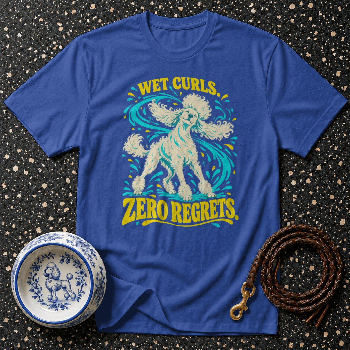 Blue t-shirt with poodle graphic and text "Wet Curls. Zero Regrets."