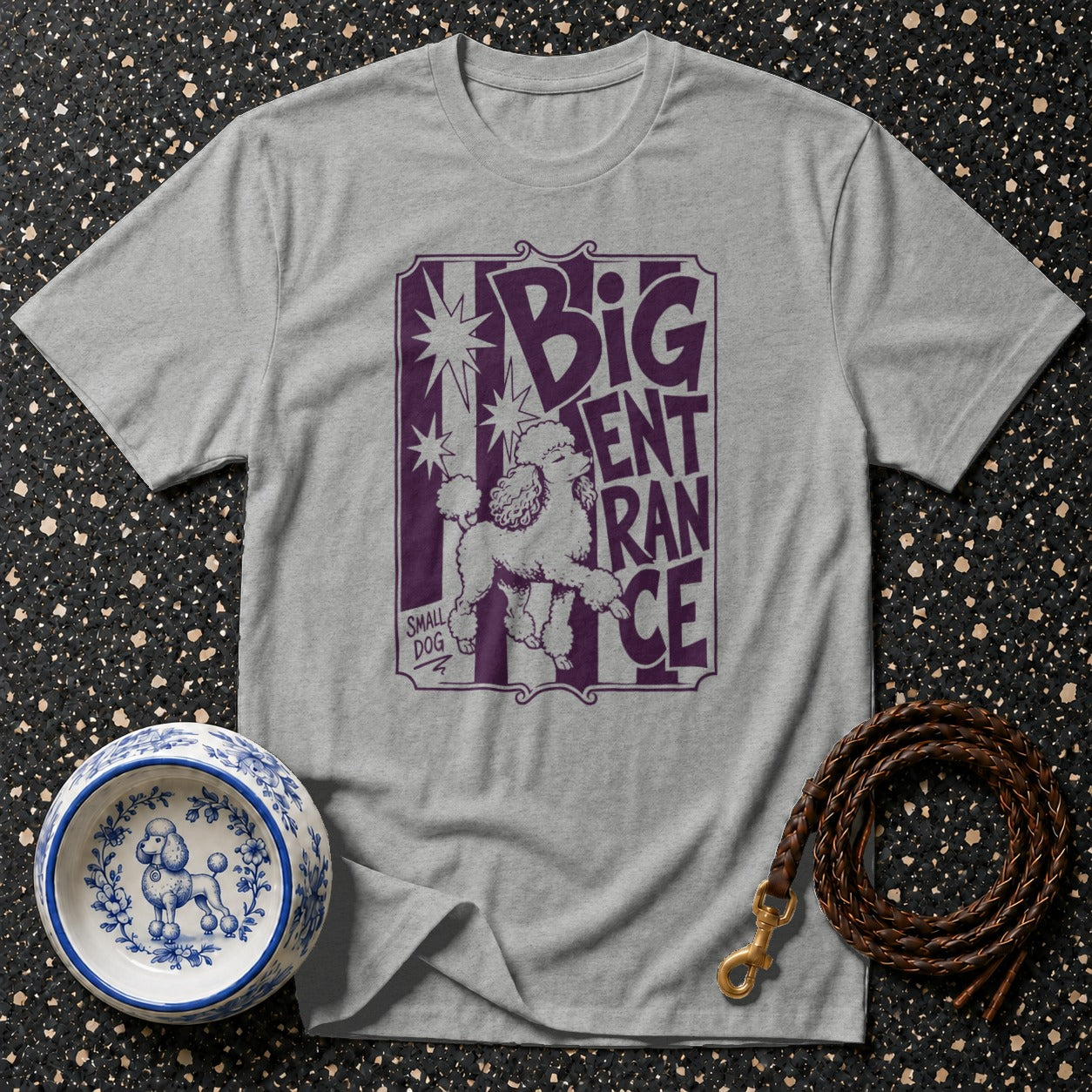 Grey t-shirt with purple graphic of a poodle and "Big Entrance" text.