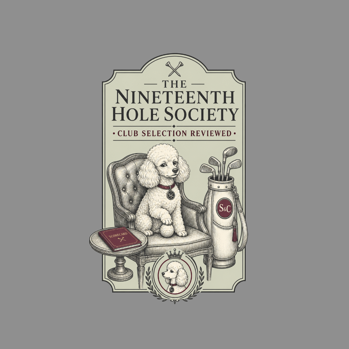 Poodle in armchair with golf bag, scorecard, and "The Nineteenth Hole Society" text.