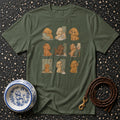 Green t-shirt with a repeating pattern of whimsical poodle illustrations in nine panels.