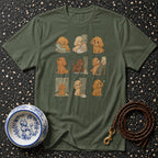 Green t-shirt with a repeating pattern of whimsical poodle illustrations in nine panels.