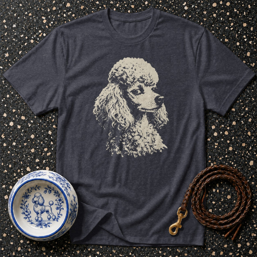 Dark grey t-shirt with a cream poodle graphic, beside a patterned dog bowl and leash.