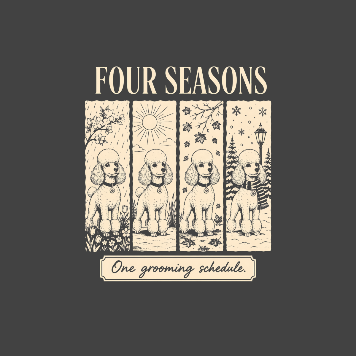 Four poodles depicted in spring, summer, autumn, and winter settings, with text "Four Seasons One grooming schedule."