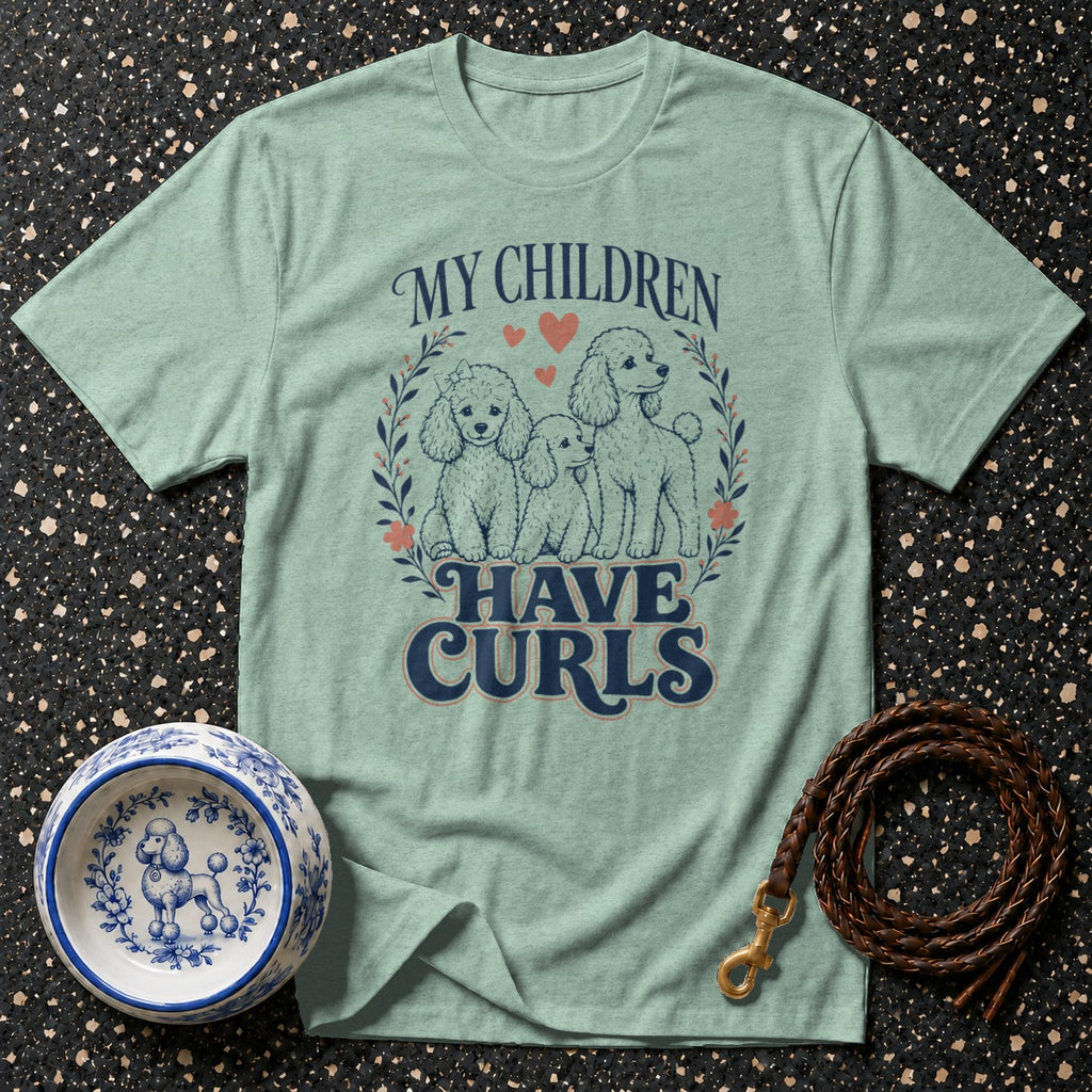 Light teal t-shirt with poodles and the text "MY CHILDREN HAVE CURLS".