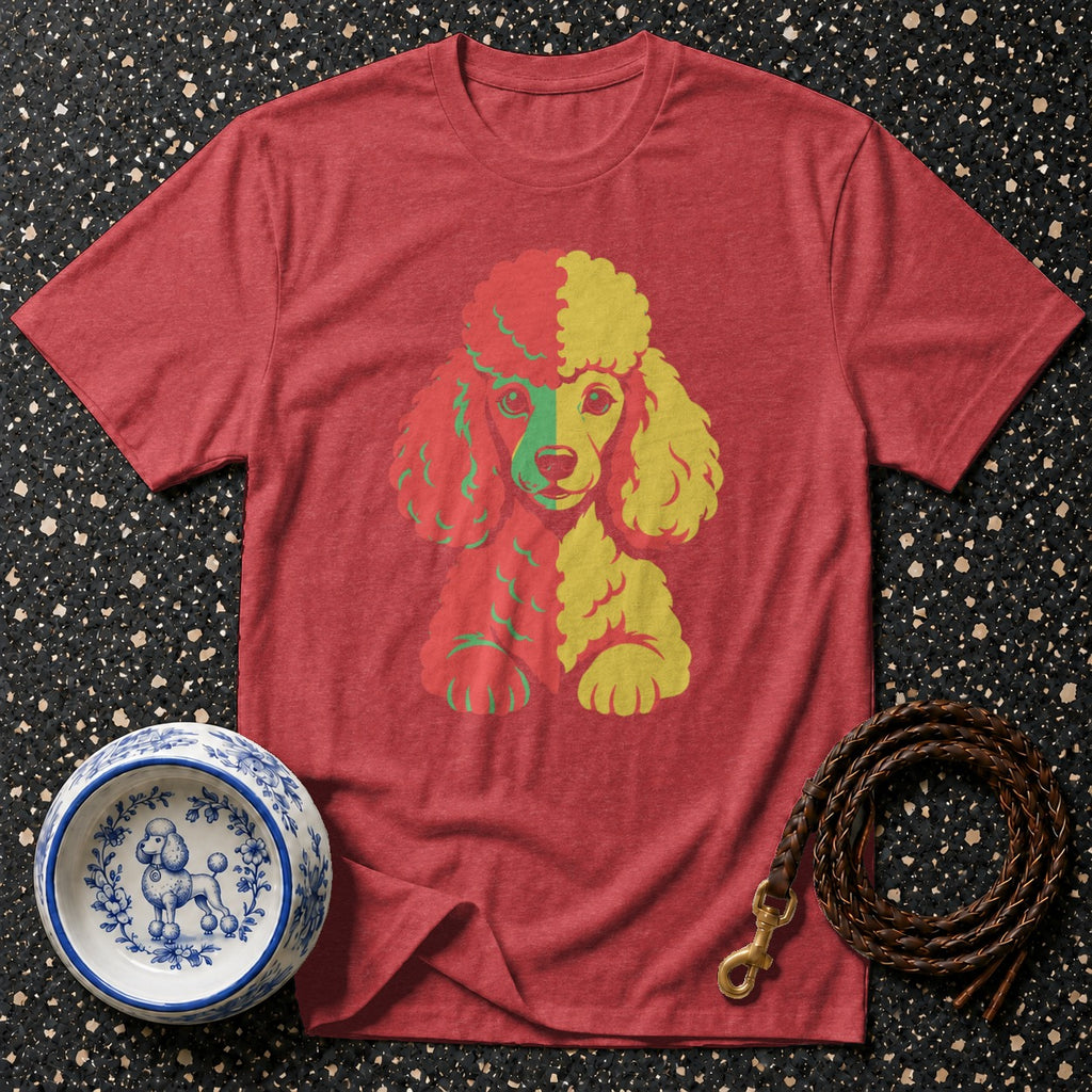 Red t-shirt with a poodle graphic in red, yellow, and green.