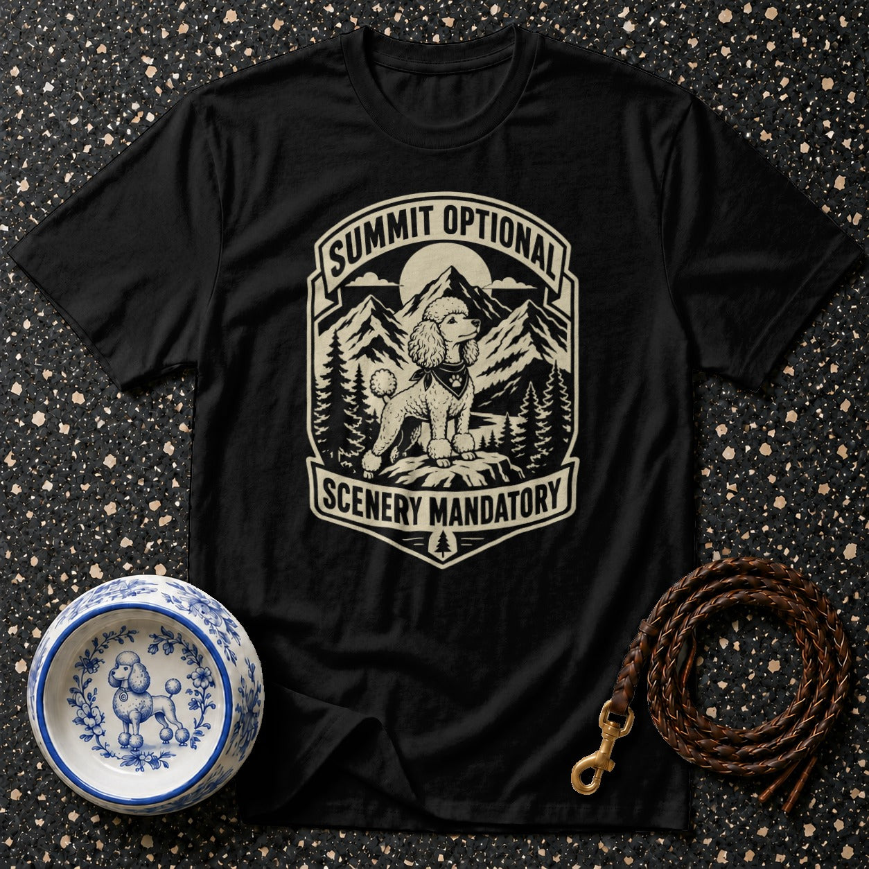 Black t-shirt with a poodle in a mountain scene: "Summit Optional, Scenery Mandatory."