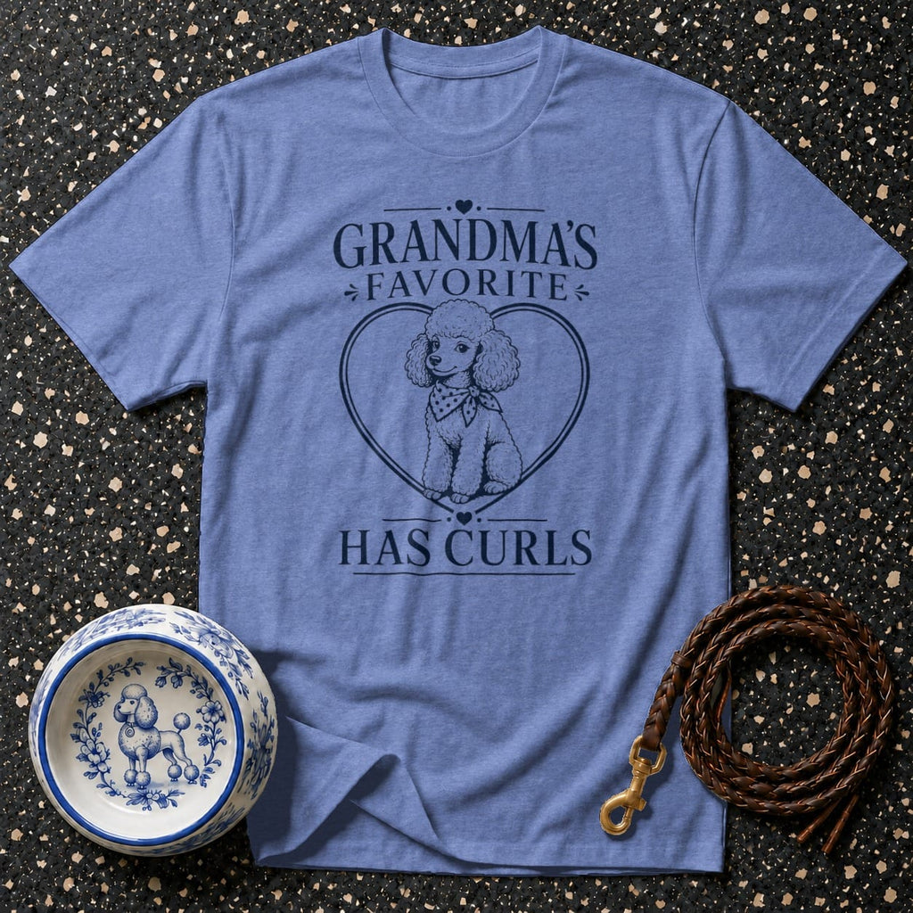 Blue t-shirt with "Grandma's Favorite Has Curls" text and poodle graphic.